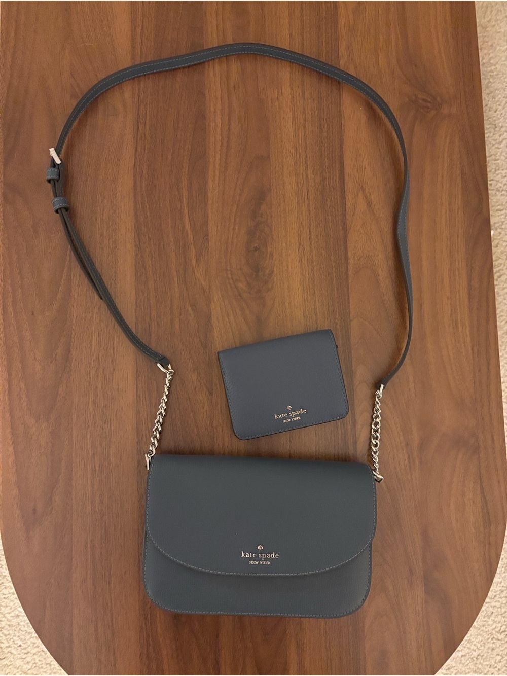 kate spade blue leather crossbody with matching card case